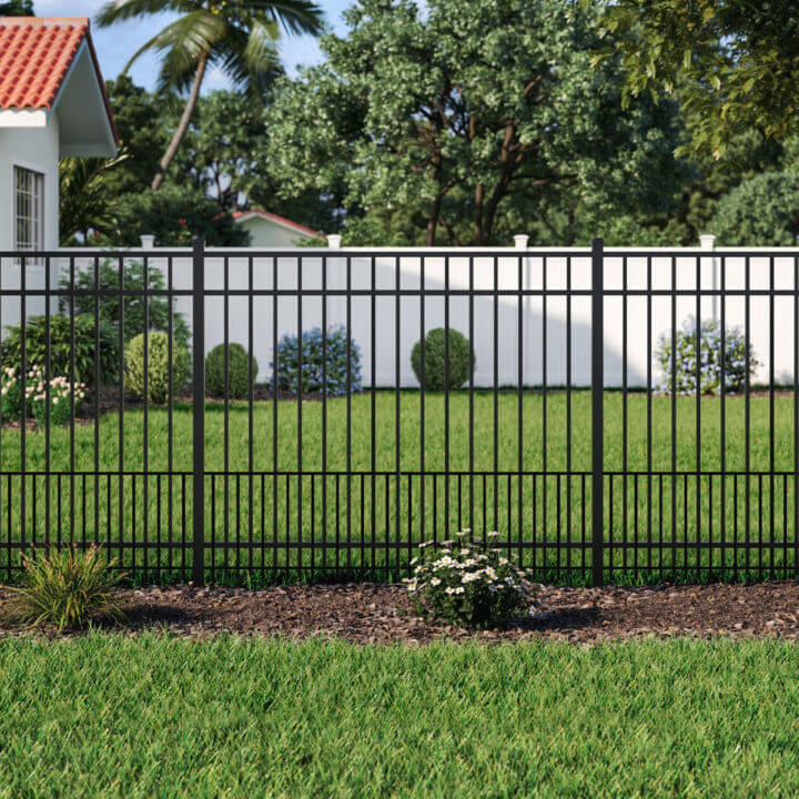 Black aluminum three-rail ornamental fence